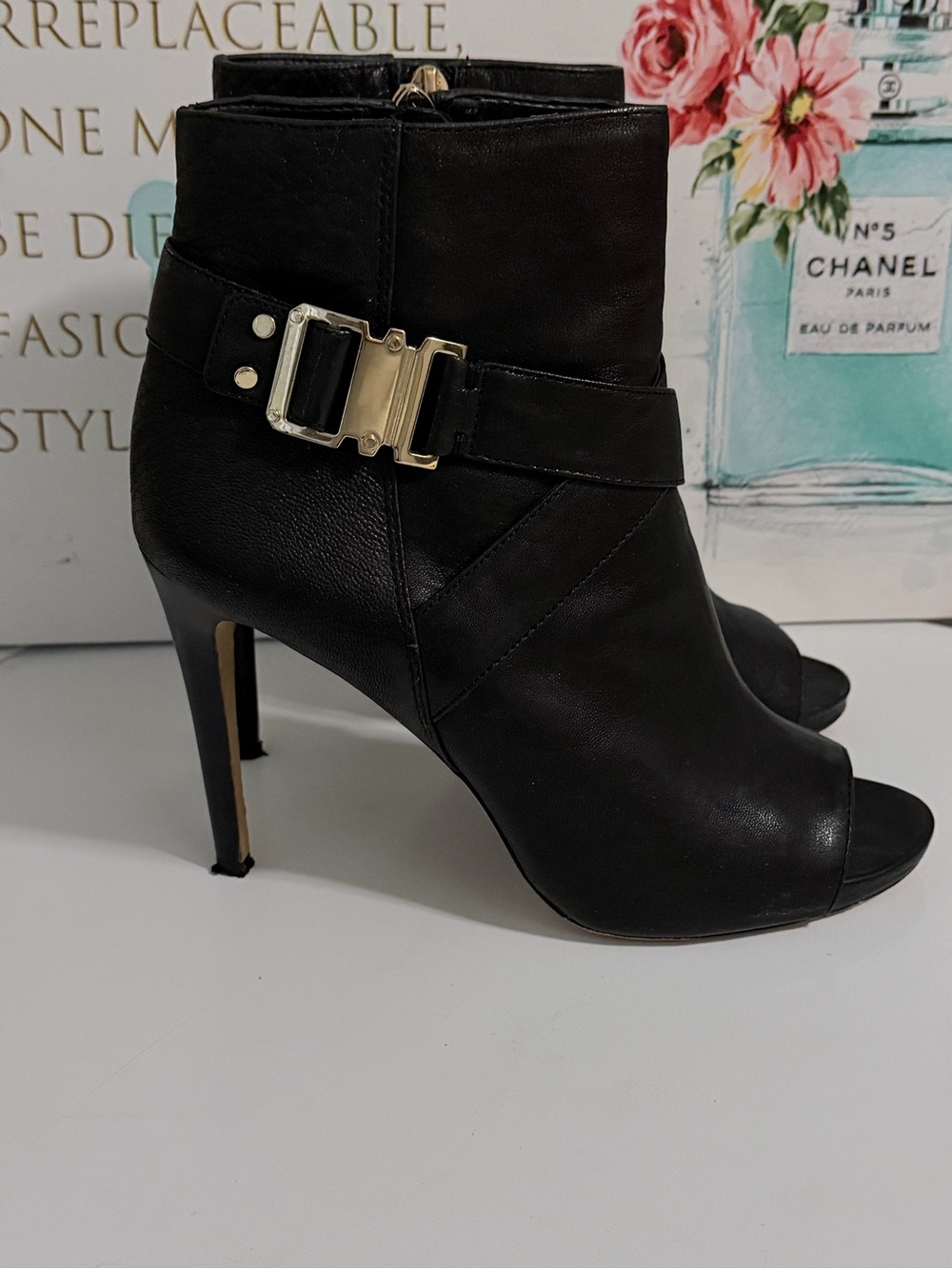 Vince Camuto Black Peep-Toe High 4.5” Heel Ankle Boots